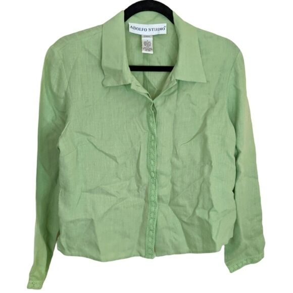 Adolfo Studio Top Button Front 100% Linen 90's Relaxed Fit Coastal Size 4 - Picture 6 of 11